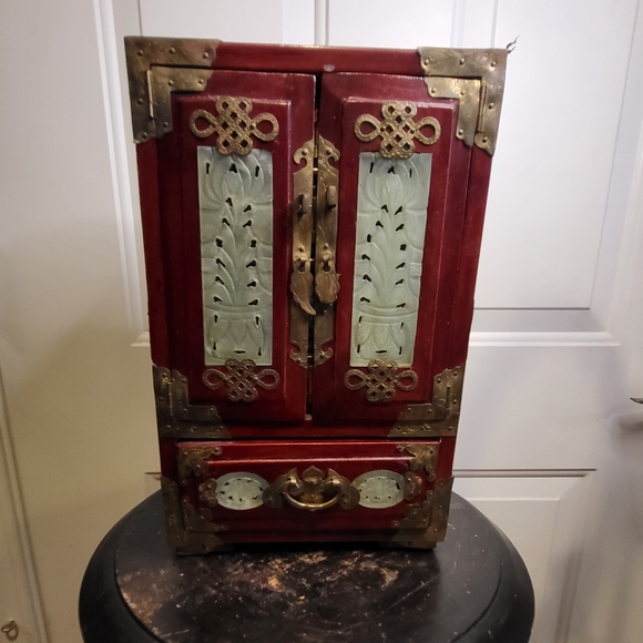 Other - Vintage Chinese Oriental Wood and Carved Jade Jewelry Box